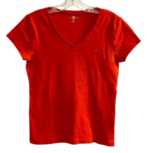 Tommy Hilfiger Women's V-Neck T-Shirt Red Size L Short Sleeve - Picture 1 of 10